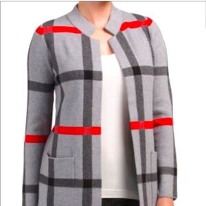 TAHARI Gray Red Windowpane Plaid Long Open Front Knit Cardigan Sweater SZ Small